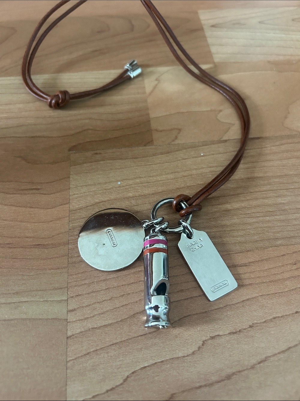 Coach Brown Leather Charm Necklace with Silver and Pink Accents - Picture 4 of 4